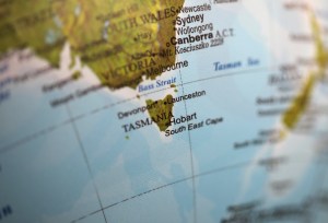 Closeup of Tasmania on a world globe. Deliberate Shallow depth of field